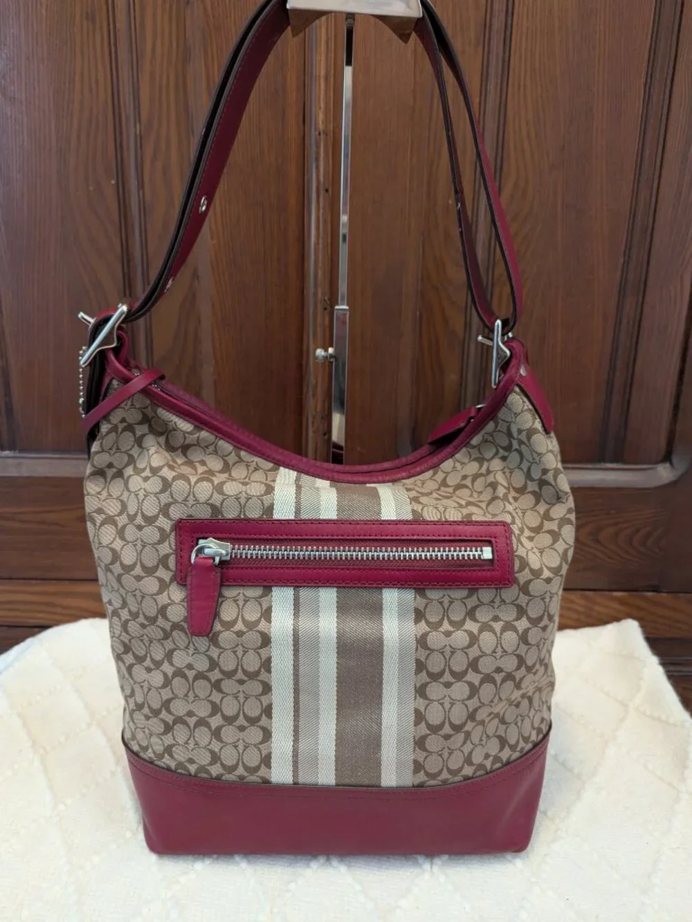 Coach Legacy Signature Stripe Canvas Leather Trim Hobo Shoulder Bag Khaki/ Red